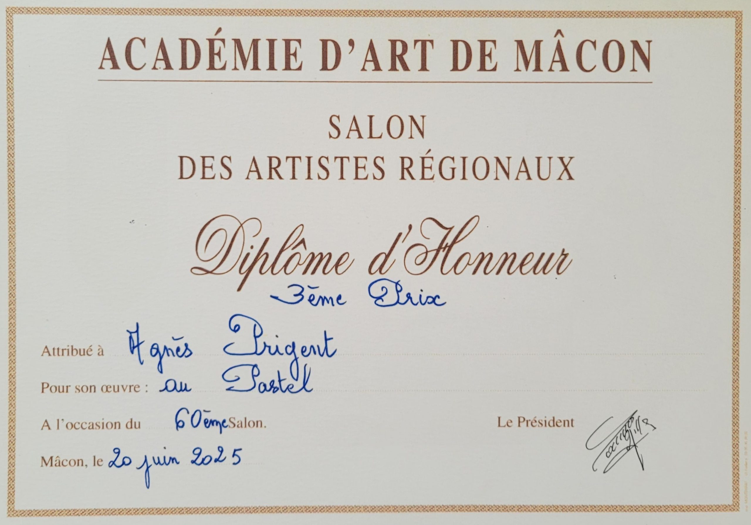 "Diplôme d'honneur 3ème Prix de peinture" en juin 2025 pour Agnès Prigent
