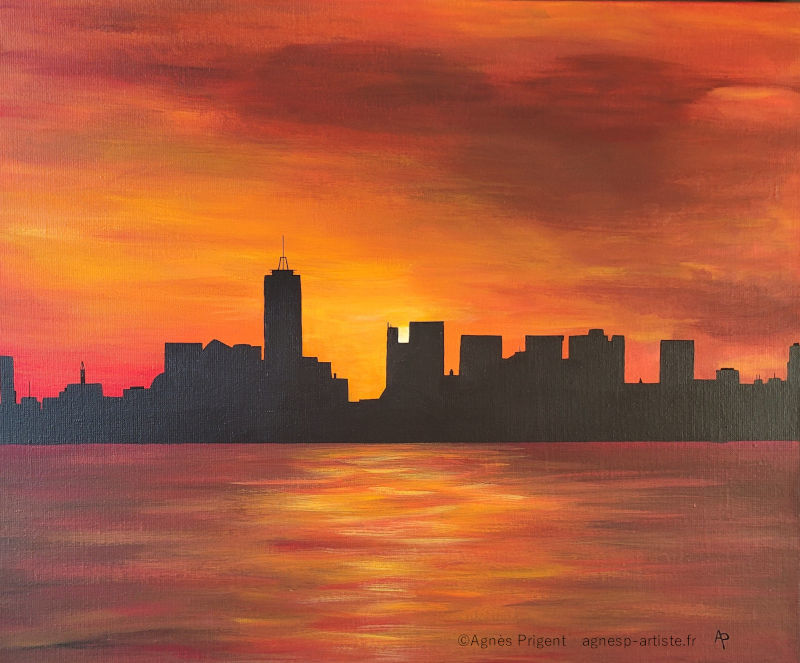 Paysage américain peint en peinture acrylique sur toile , coucher de soleil, ciel rouge et orange se reflétant sur l’eau, œuvre en peinture acrylique par Agnès Prigent