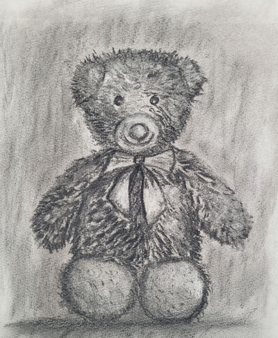Ours en fusain sur papier Clairfontaine en dessin d'observation réalisé en fusain par Agnès Prigent