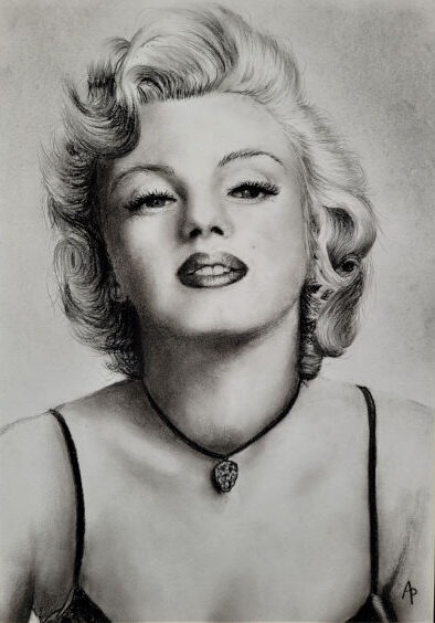 Portrait de Marylin Monroe dessiné en crayons graphites et fusain sur papier réalisé en pastel sec par Agnès Prigent