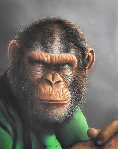 Portrait d'un signe peint en pastel sec habillé d'un maillot vert symbole de la savane
